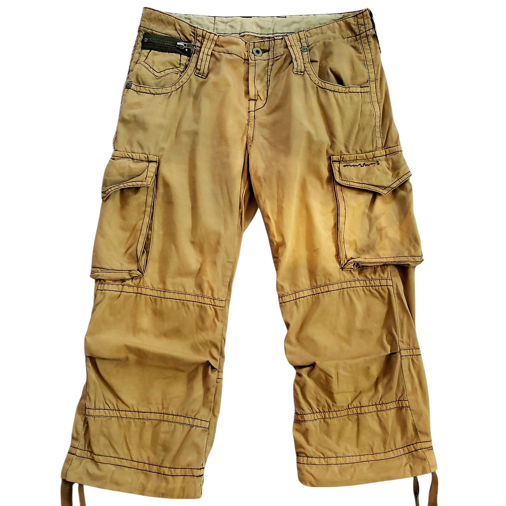 Women’s Cargo Capri Pants – Tan, Distressed Wash